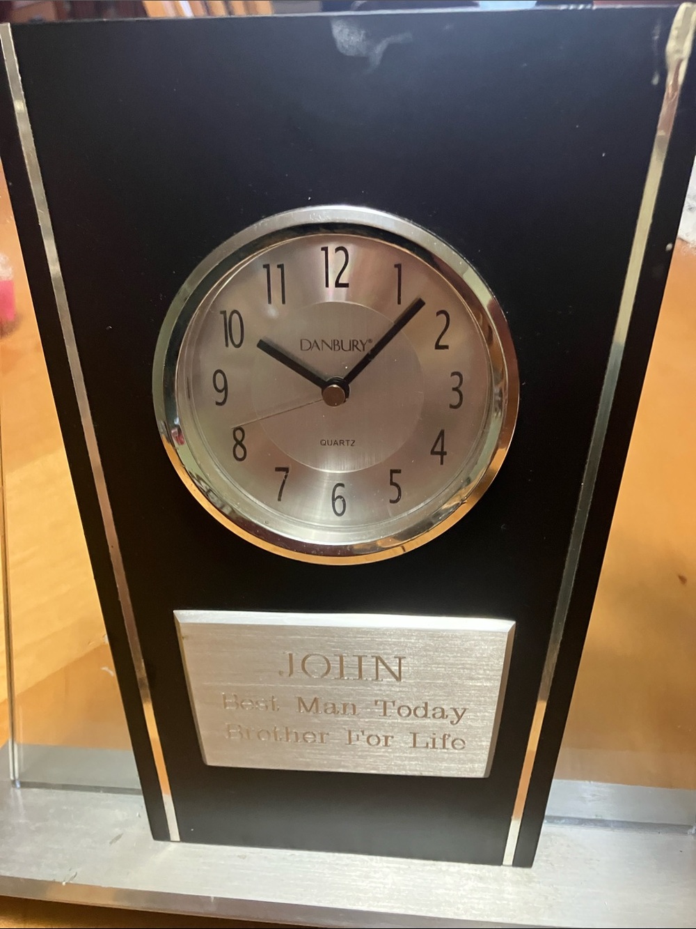 Black and Silver Mantel Clock with Personalized Plate
